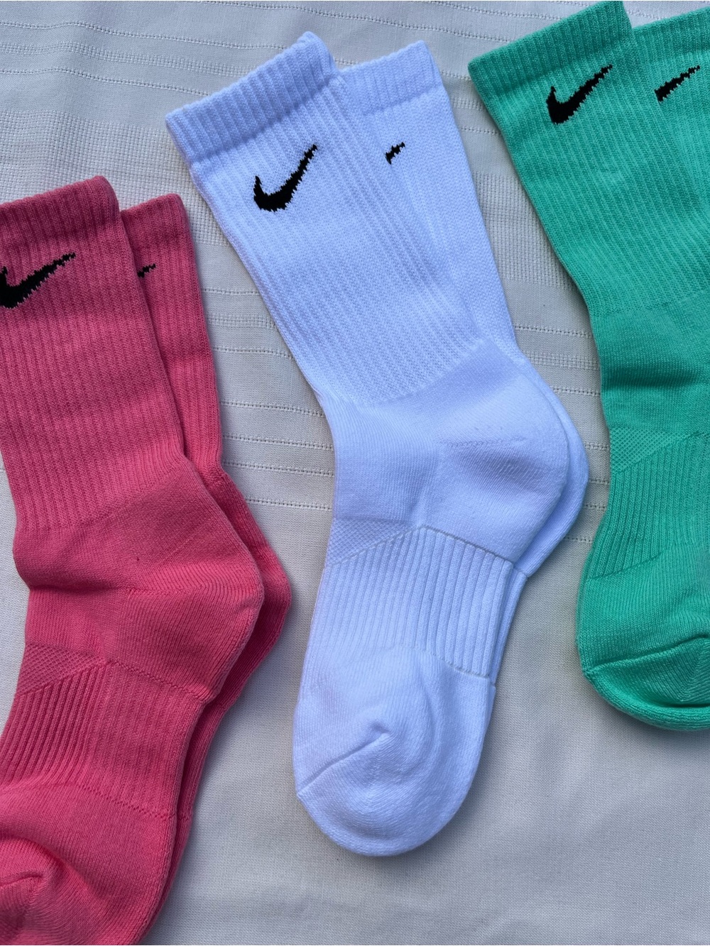 Nike Crew Socks - Pink, White, Teal with Black Swoosh - Picture 3 of 7